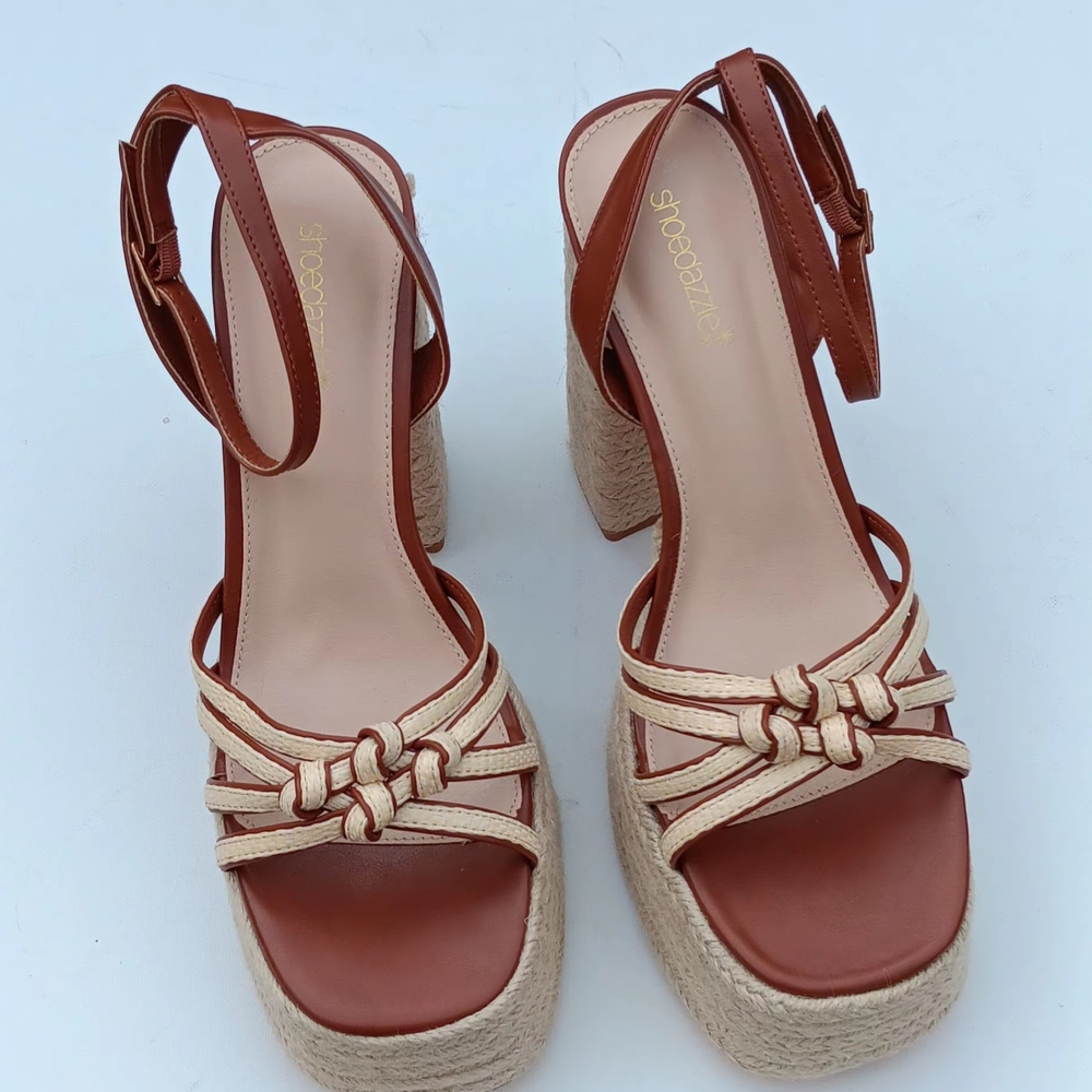 SHOEDAZZLE Women's Christa Brown and Cream Platform Espadrille Sandals - 11